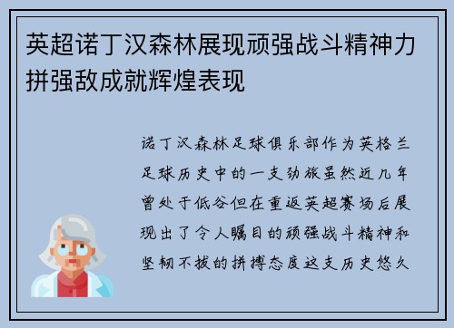 英超诺丁汉森林展现顽强战斗精神力拼强敌成就辉煌表现