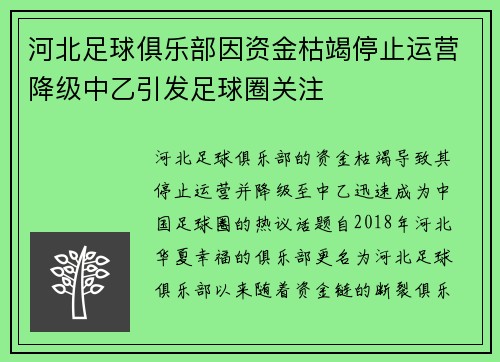 河北足球俱乐部因资金枯竭停止运营降级中乙引发足球圈关注 河北足球俱乐部因资金枯竭停止运营降级中乙引发足球圈关注